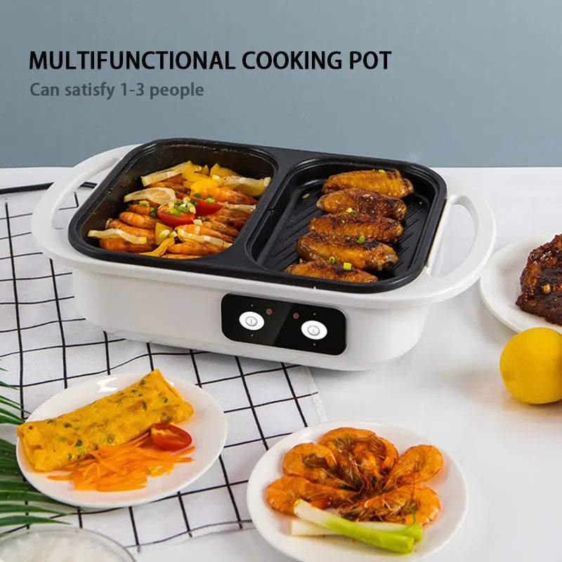 White or green dual-use electric hot pot and frying oven with mechanical dial, dimensions 390mm x 220mm x 120mm.
