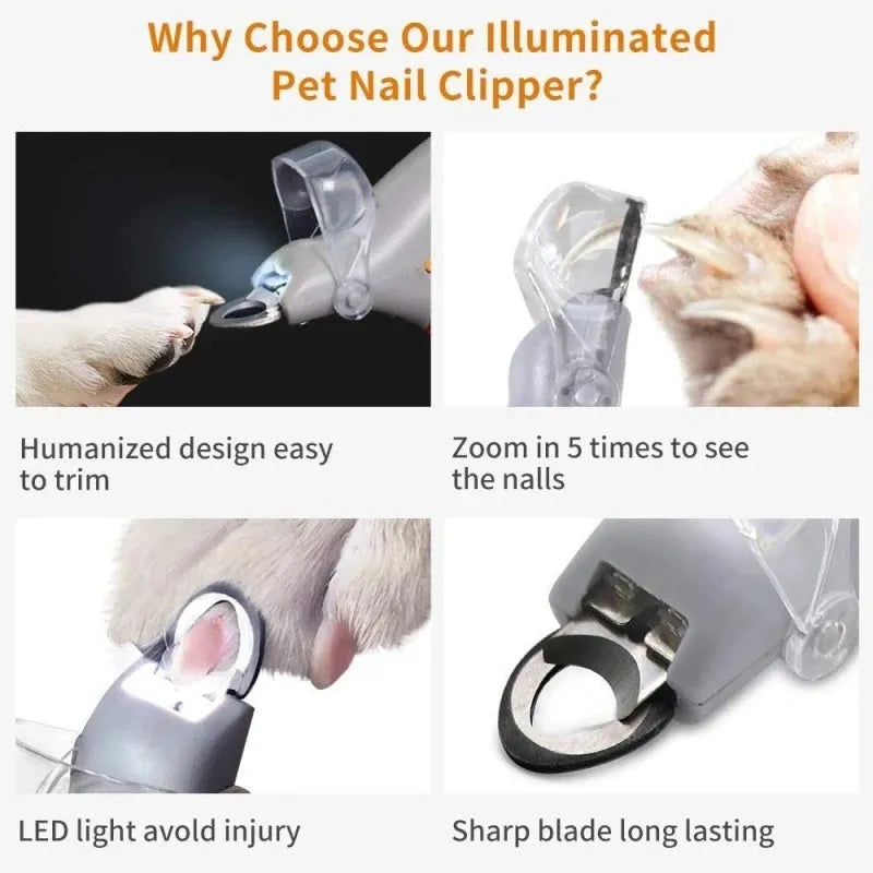 Yellow pet nail clipper with LED light on, magnifying lens, and safety guard for dogs and cats