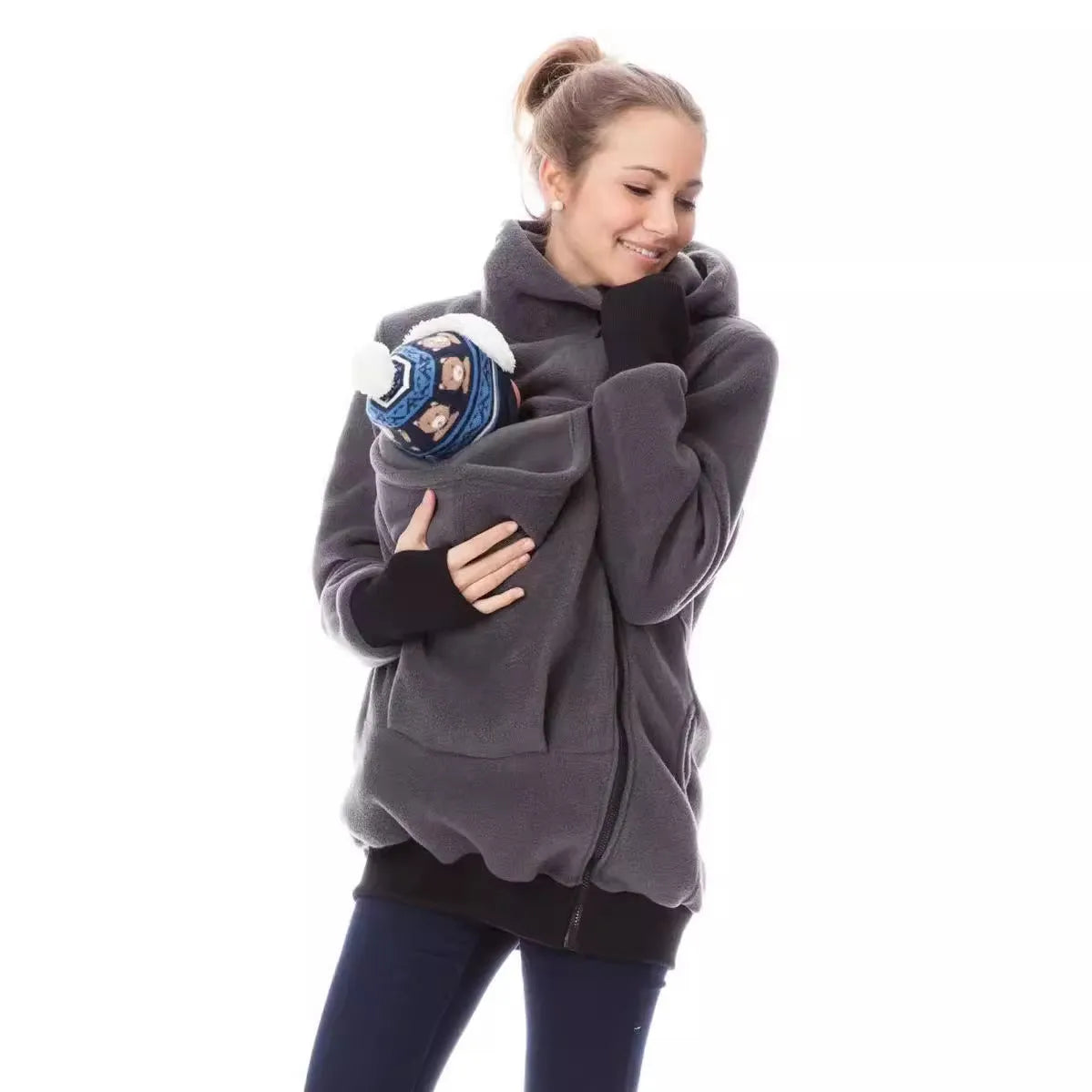 Red women's loose polar fleece sweater with long sleeves for autumn winter wear