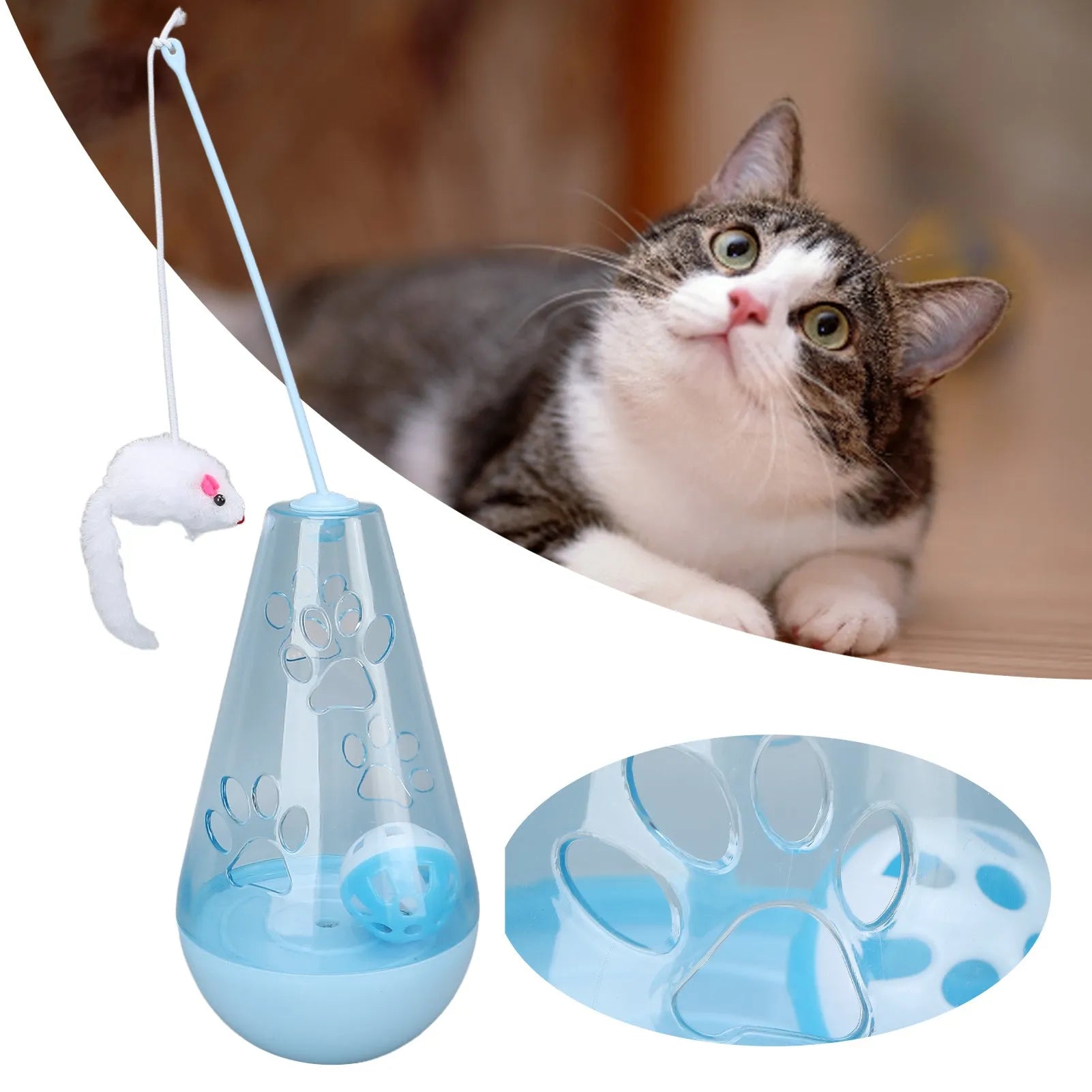Interactive cat toy with bell ball and plush mouse stick on blue background
