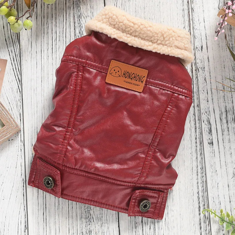Fleece-lined PU leather dog coat in British style for winter warmth and weather protection