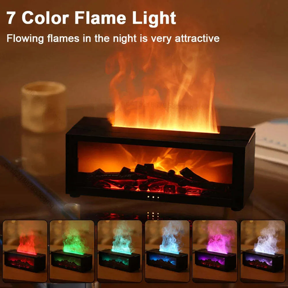 Square flame aromatherapy machine with LED lights creating 3D flame effect and essential oil diffusion