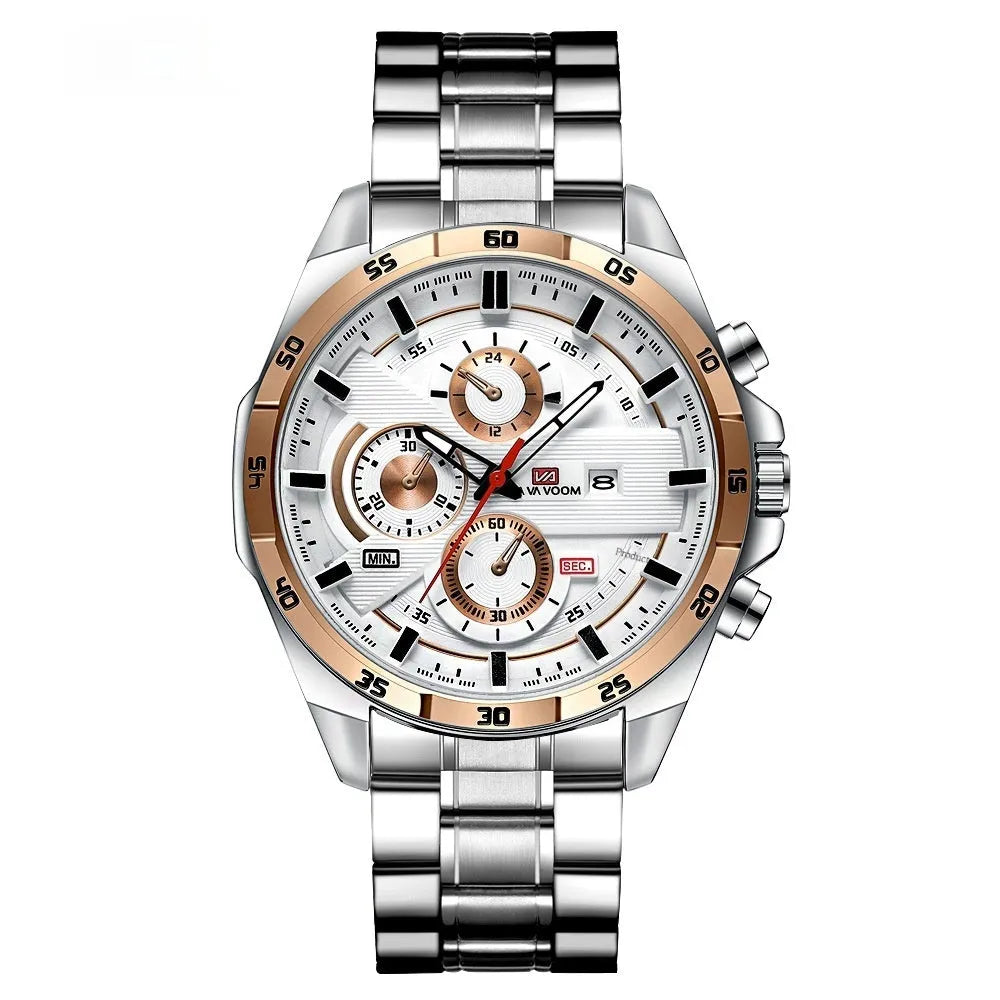Men's casual quartz watch with calendar function showing 10mm thickness and multiple colour options