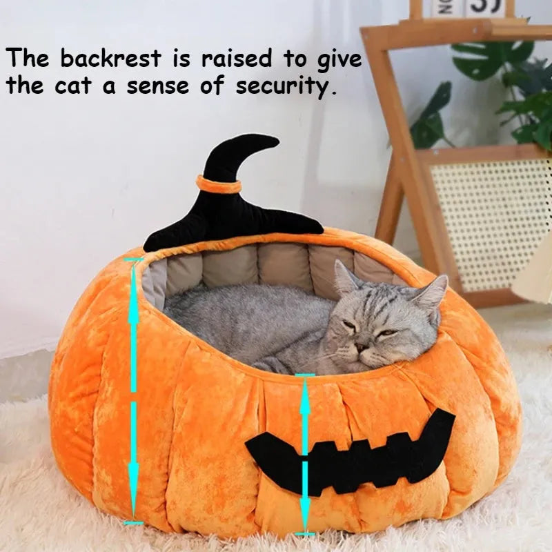 Halloween-themed cat bed with cartoon devil pumpkin design in soft plush material for small pets