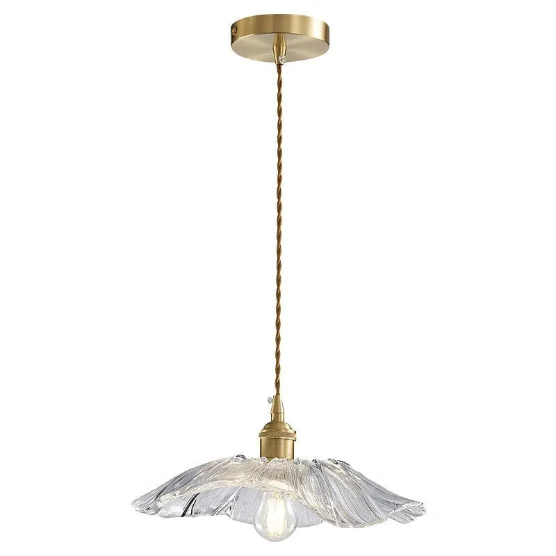 Nordic Japanese style lotus leaf shaped ceiling pendant lamp with iron frame and coloured glass shade.