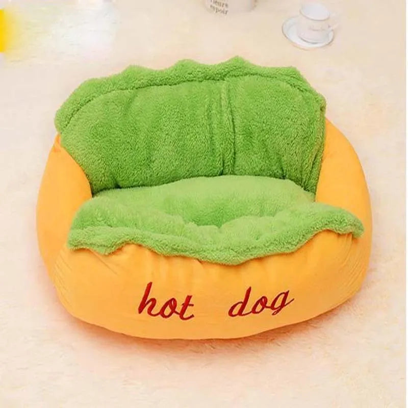 Soft flannelette removable dog bed with jean cloth border and anti-slip base in beige.