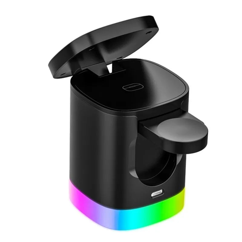 Black 3 in 1 magnetic wireless charging cube showing iPhone, Apple Watch and AirPods charging simultaneously with RGB lights