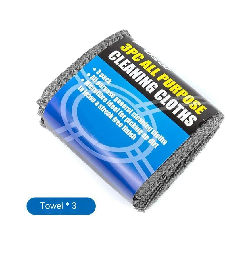 Nine-piece grey microfiber car wash set with gloves, sponge, brush, towels, and waxing wipes