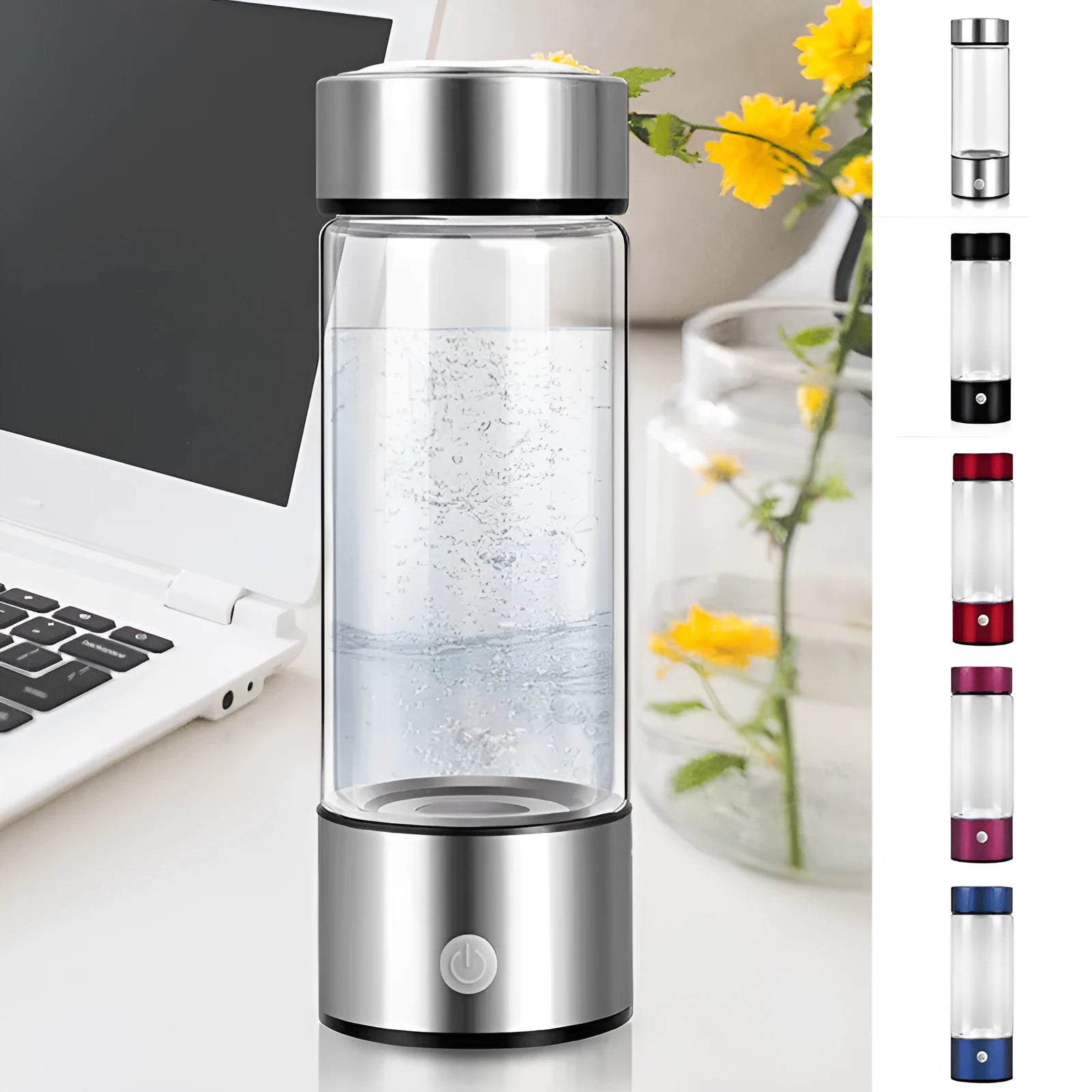 Hydrogen water bottle with borosilicate glass cylinder and electric hydrogen generator in silver colour