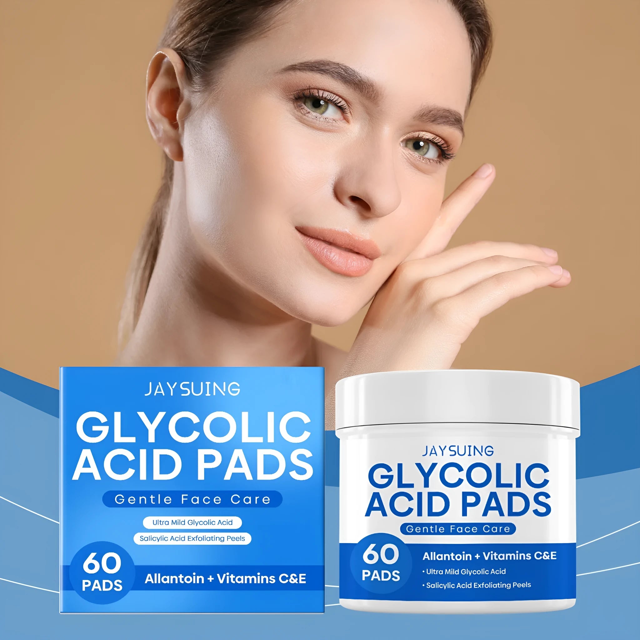 Pack of 60 pre-moistened glycolic acid and salicylate cotton exfoliating pads for skincare.