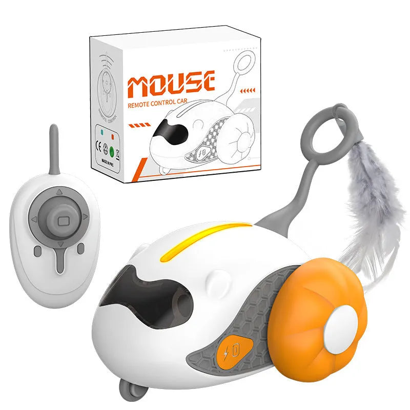 Blue and orange remote control cat teaser toy with feather attachment and flashing lights
