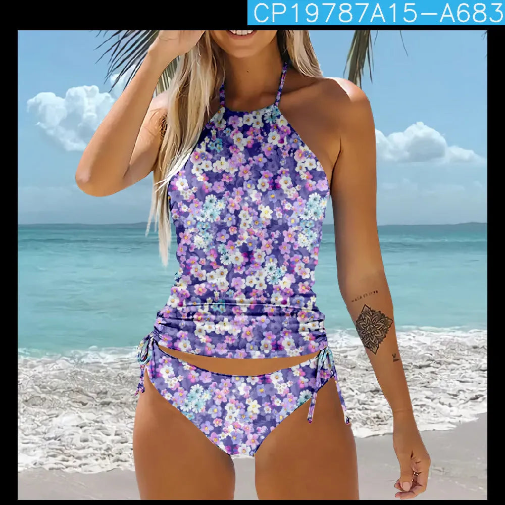 Patterned high-waist backless bikini beach swimsuit set in polyester, sizes S to 5XL, seven style options