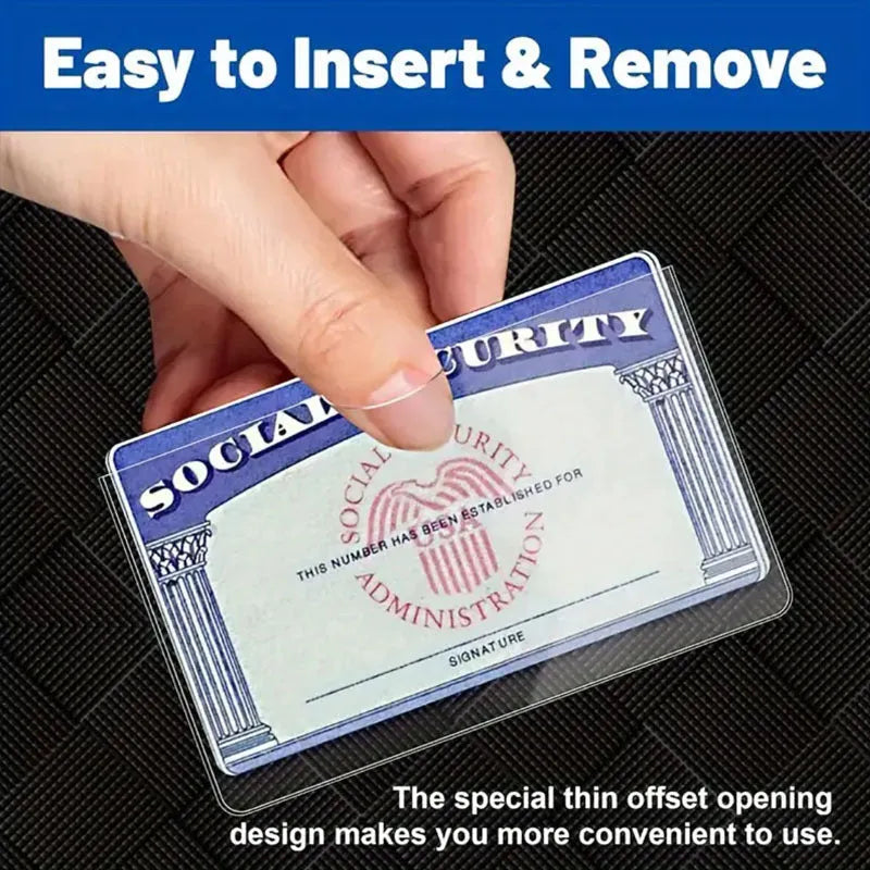 Transparent PVC social security card holder measuring 9.7cm by 5.9cm with waterproof protection