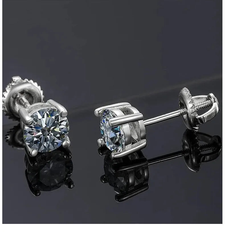 Close-up of a women's silver screw back moissanite stud earring with a four claw setting and geometric cut stone.