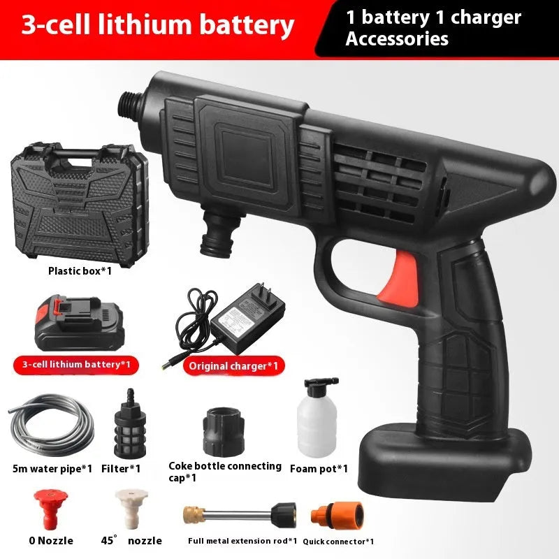 36V cordless electric car washing water gun with aluminium alloy head and foam bottle.
