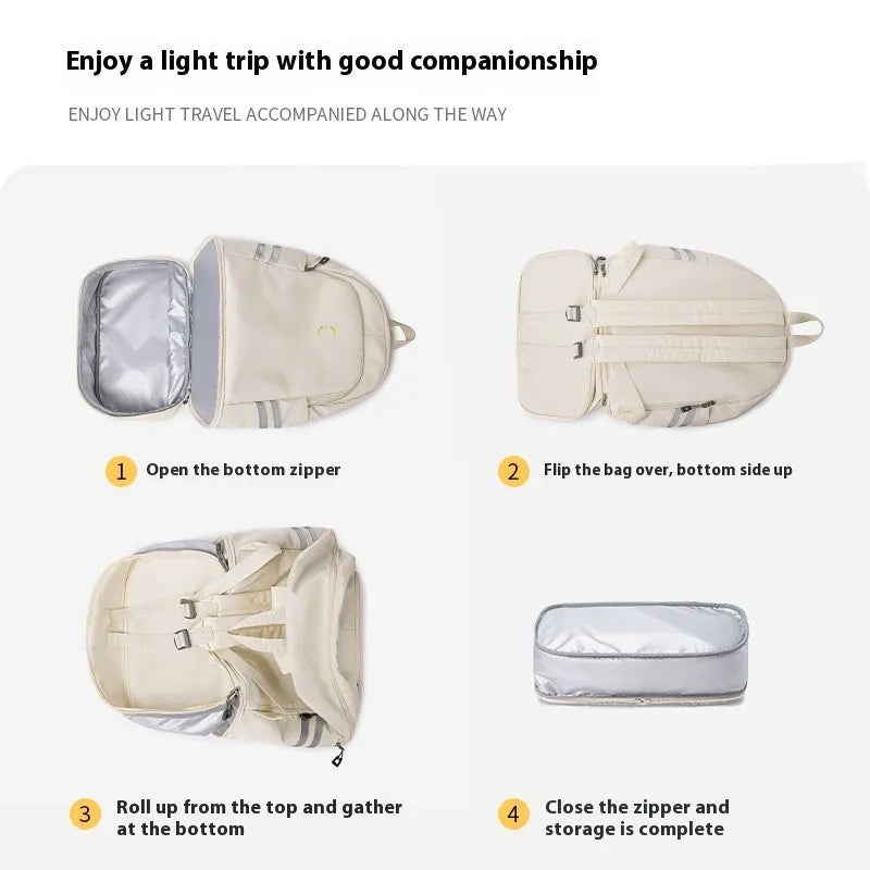 Large polyester travel backpack with dry wet separation compartments in beige colour with curved shoulder straps