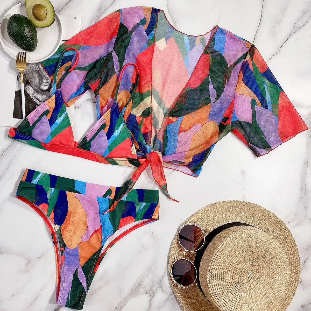 Red women's printed split swimsuit with surf styling and nylon fabric