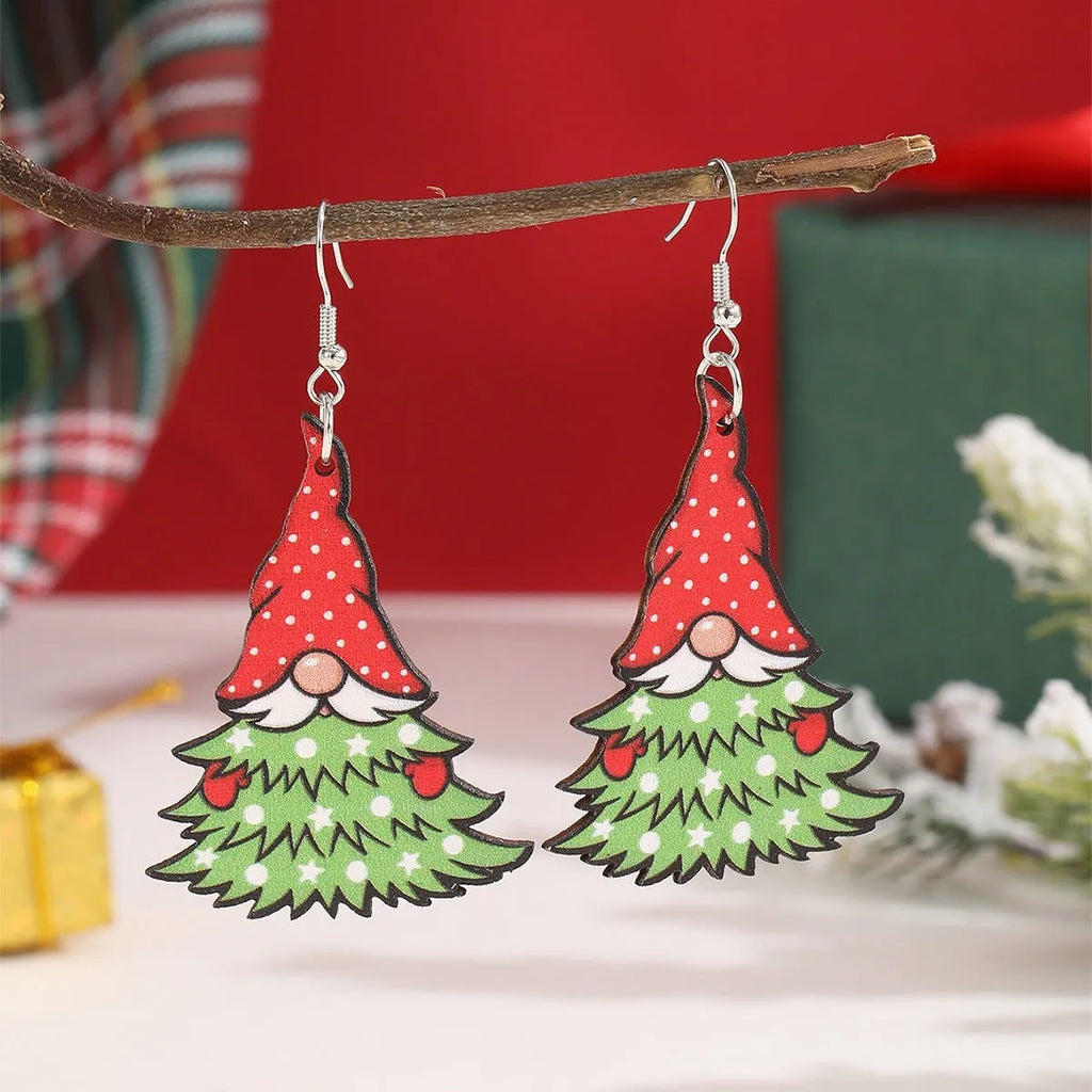 Wooden Christmas earrings with 3.5cm tree and 4cm snowman geometric shapes featuring printed festive details