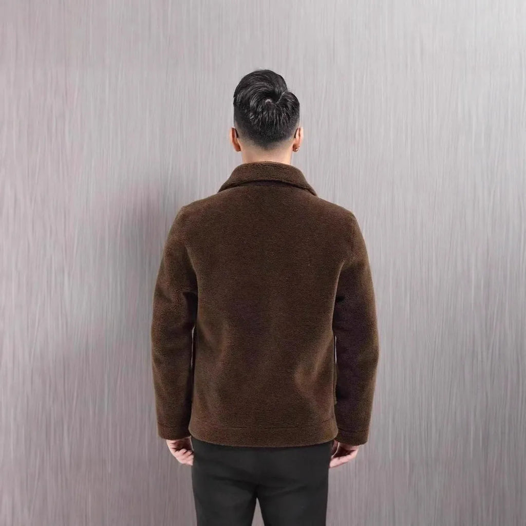 Men's double-sided faux fur polo collar jacket in dark grey, black, or dark, loose fit winter padded coat.