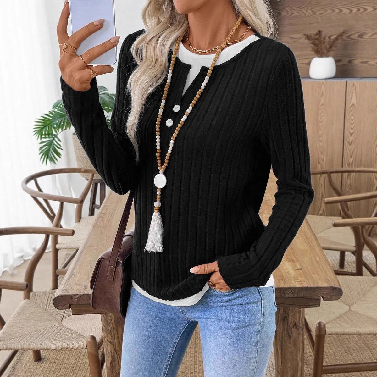 Women's black fake two-piece round neck pullover sweater with concave stripe texture
