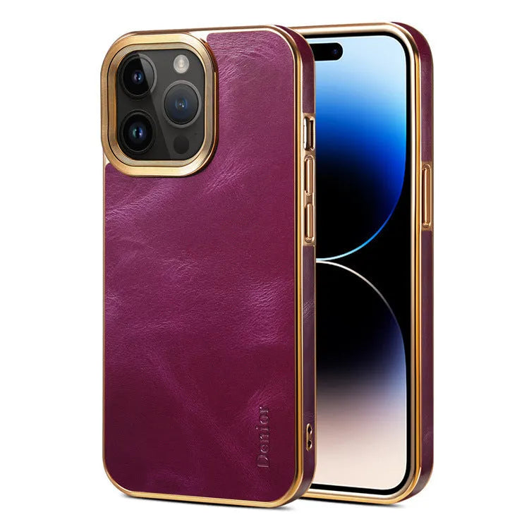 Leather phone case with vintage oil wax finish showing textured surface and precise port openings
