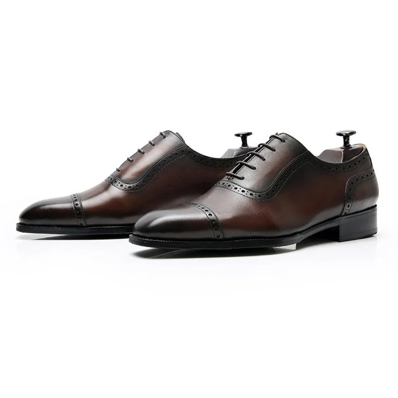 Men's Oxford brogue leather shoes with cowhide upper, rubber sole, black or dark brown, sizes 37-46