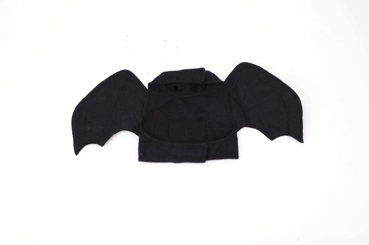 Black bat wings costume for dogs with elastic neck strap and optional hand control rope