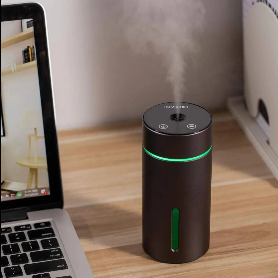 Black portable car air humidifier with aluminium tank, 66x66x144mm size, and USB cable for essential oil diffusion