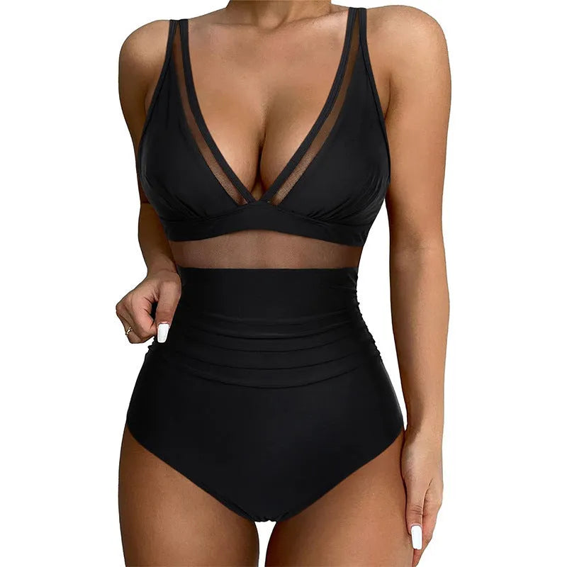 Black women's one-piece swimsuit with a mesh halter neck and brief-style legs.