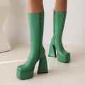Women's high boots in artificial PU available in black, red, blue, and white colours with UK sizes 34-43