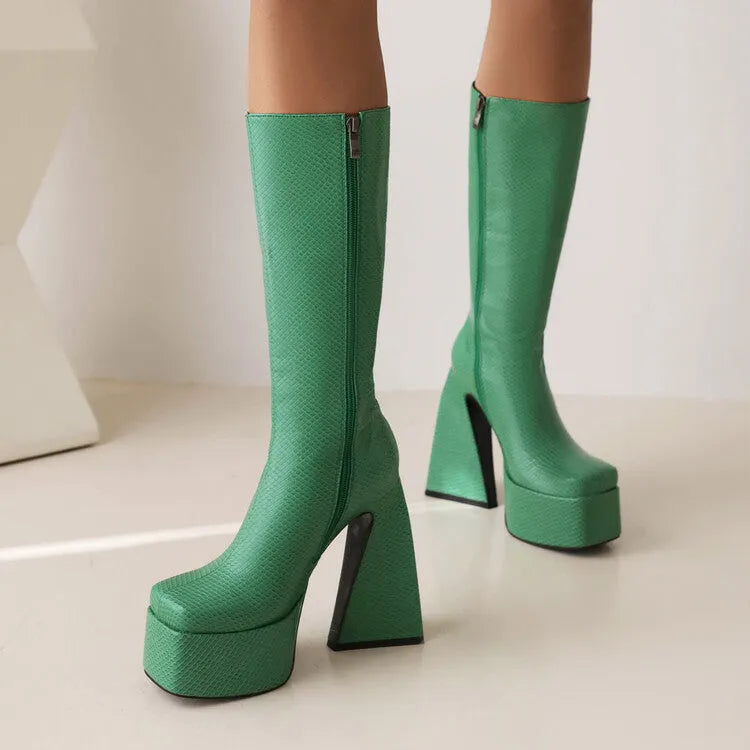 Women's high boots in artificial PU available in black, red, blue, and white colours with UK sizes 34-43
