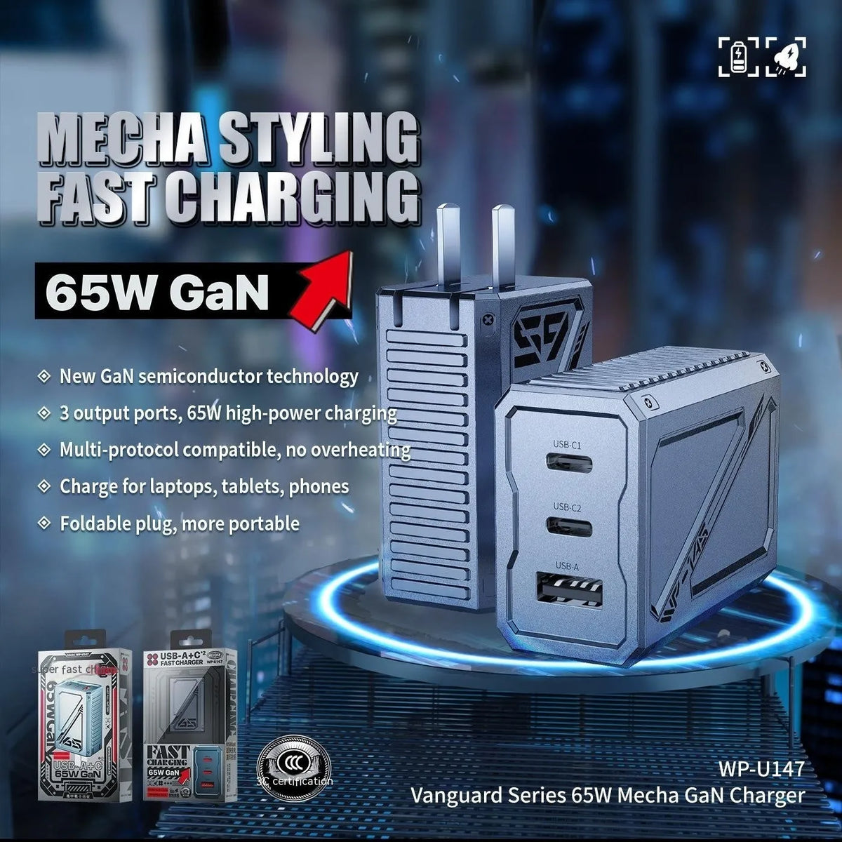 Foldable 65W gallium nitride charger with Type-C port, ABS PC body, Tarnish colour
