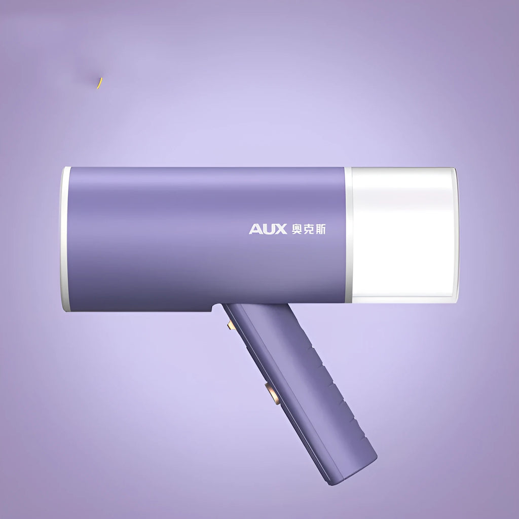Portable handheld garment steamer in grey lotus root purple colour, shown with foldable design and water filling opening.