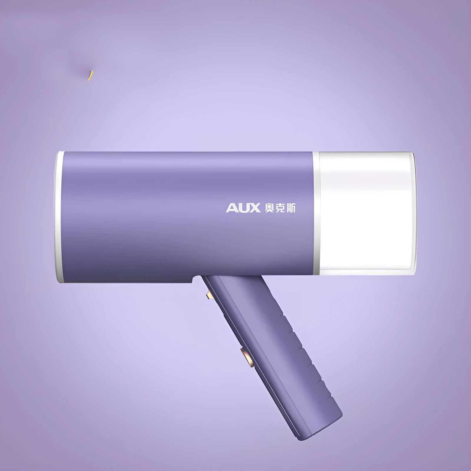 Portable handheld garment steamer in grey lotus root purple colour, shown with foldable design and water filling opening.