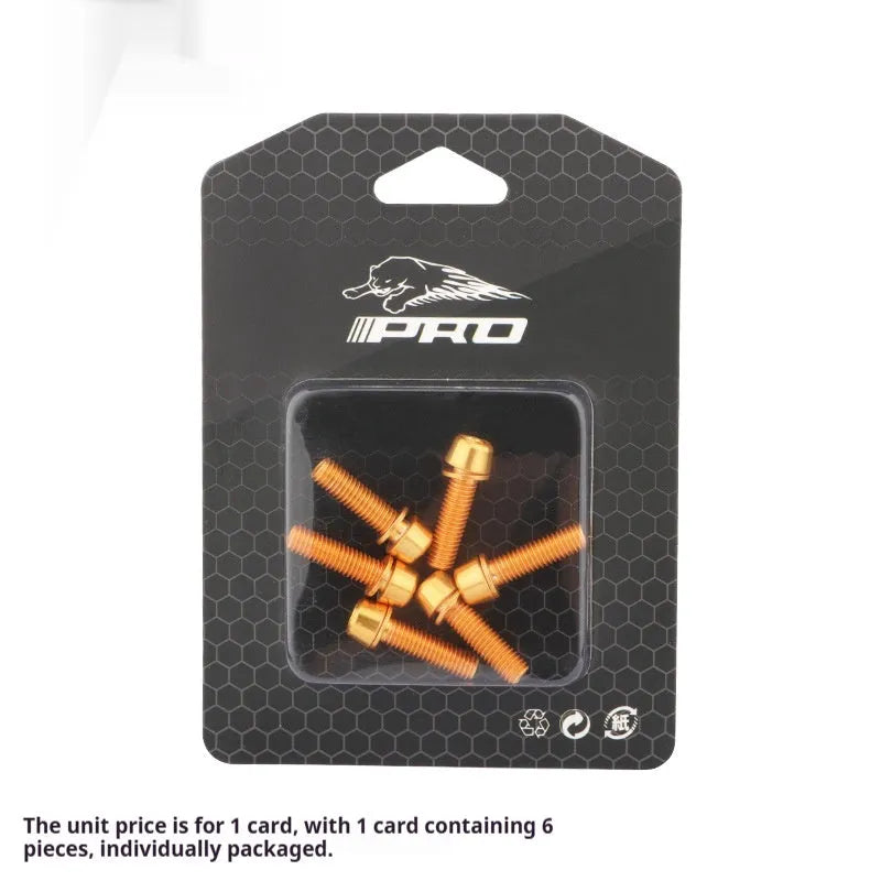 Six stainless steel mountain bike riser screws in various colours on card packaging