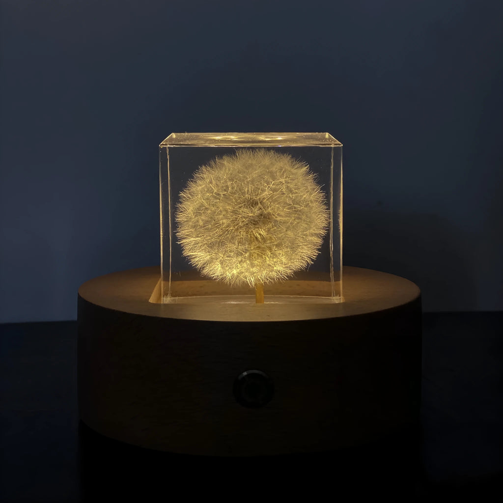 Clear resin cube with preserved dandelion flower beside wooden box and USB charging base