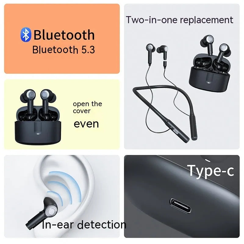 Black plastic in-ear Bluetooth sports headset with halter design, ANC, and 15 metre range