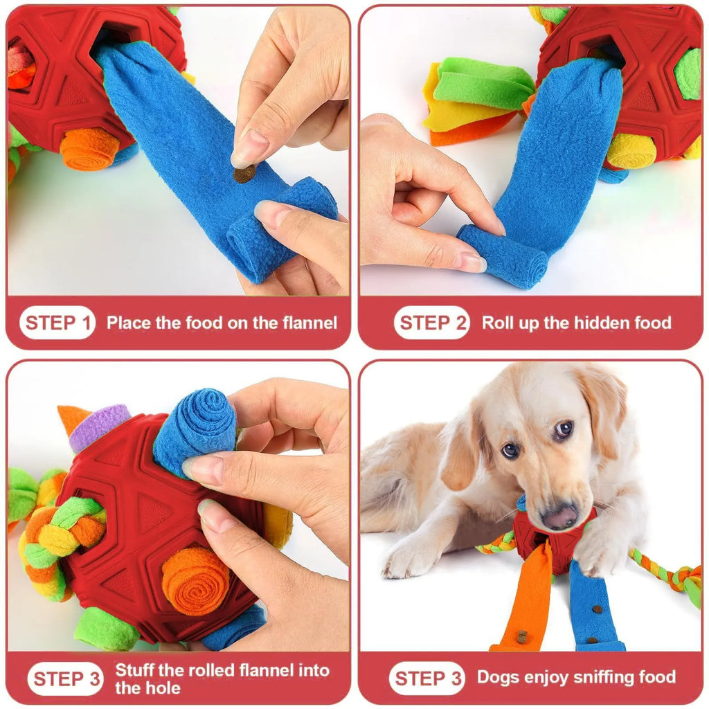 Bite resistant pet sniffing ball dog puzzle toy in assorted colours for treat dispensing and IQ training.