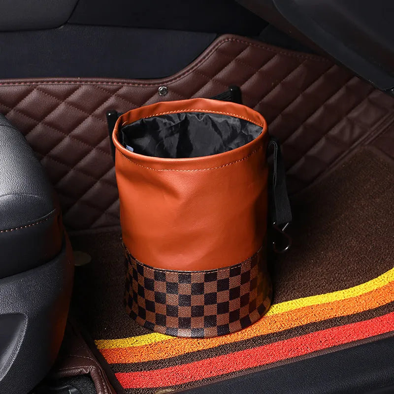 Leather retractable car trash can showing folded and expanded states with handle