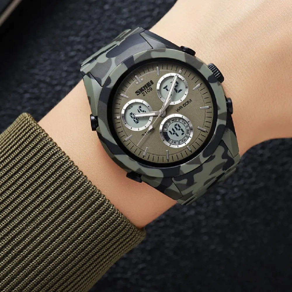 Electronic casual watch with camouflage colour option on wrist, showing ABS case and TPU strap