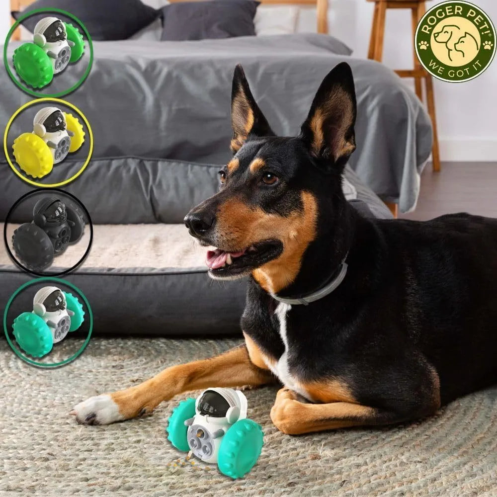 Dog treat dispenser toy with roller design in various colours, showing dimensions of 141mm x 83mm x 114mm for small pets