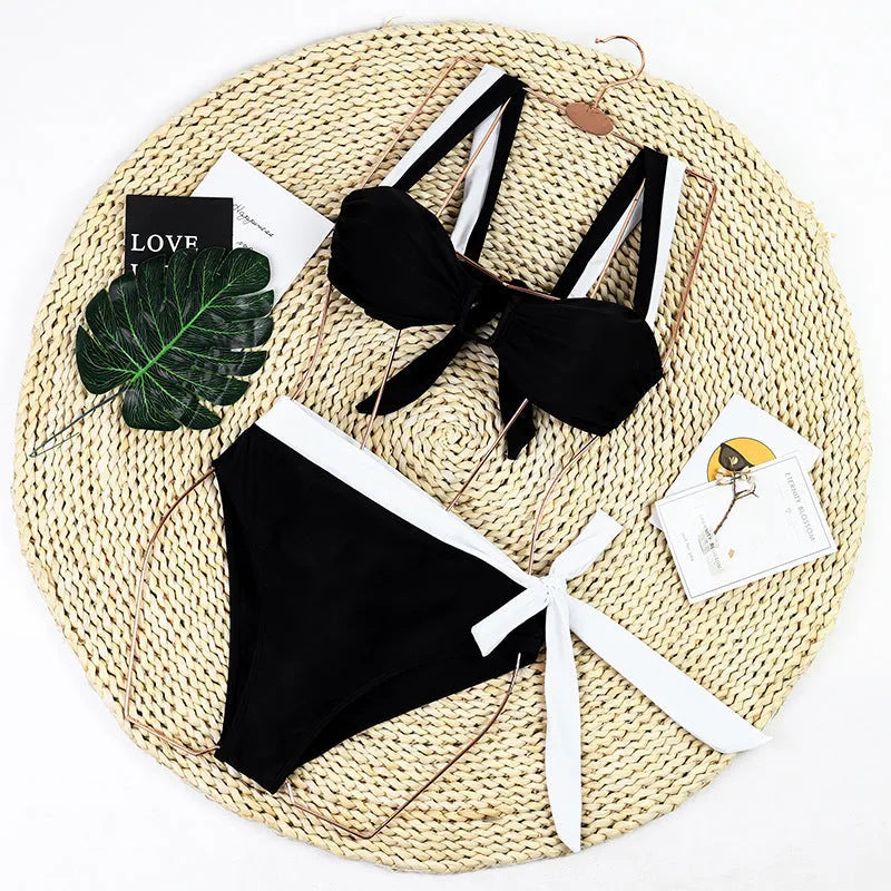 Black high waist bikini set for women, showing top and bottom with lining.
