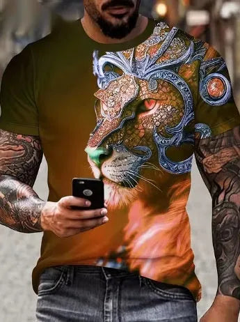 Men's 3D lion print t-shirt in various colours, showing bold graphic and polyester fabric