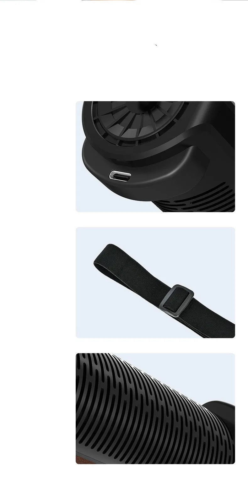 Black bladeless car fan mounted in vehicle with USB power connection and control buttons visible