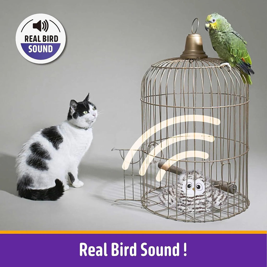 Grey interactive owl cat toy with automatic chirping and flapping wings, includes catnip, USB rechargeable