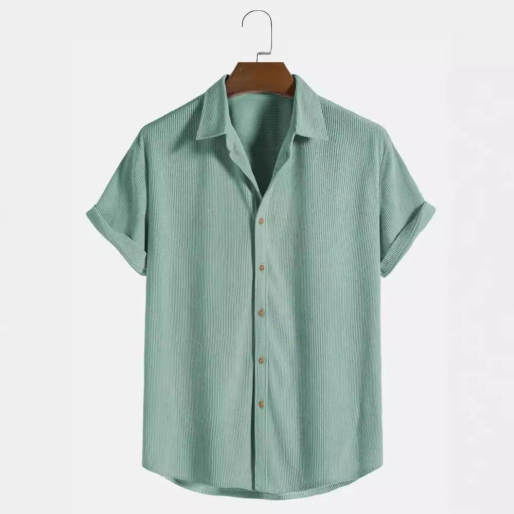 Men's casual short-sleeved cardigan shirt in polyester, shown in various colours and sizes.