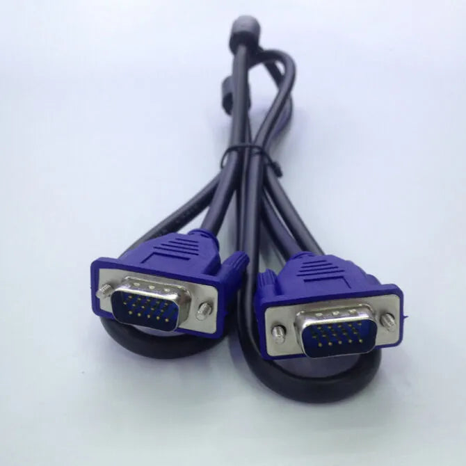 Black VGA video cable with blue moulded connectors and nickel-plated pins, length 1.5 metres.
