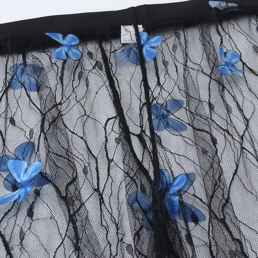 Black women's bikini set with butterfly embroidery showing top, underwear and pants pieces