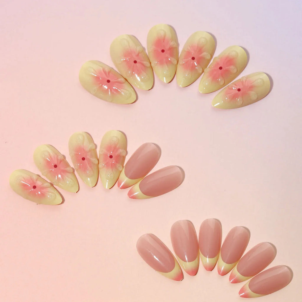 24-piece detachable fake nails with 3D cartoon flower pattern, jelly glue tube, and filing strip