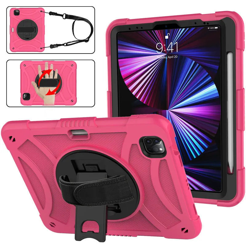 Rotating bracket strap silicone protective shell for Apple iPad in rose gold colour, showing 360-degree rotation and magnetic suction features